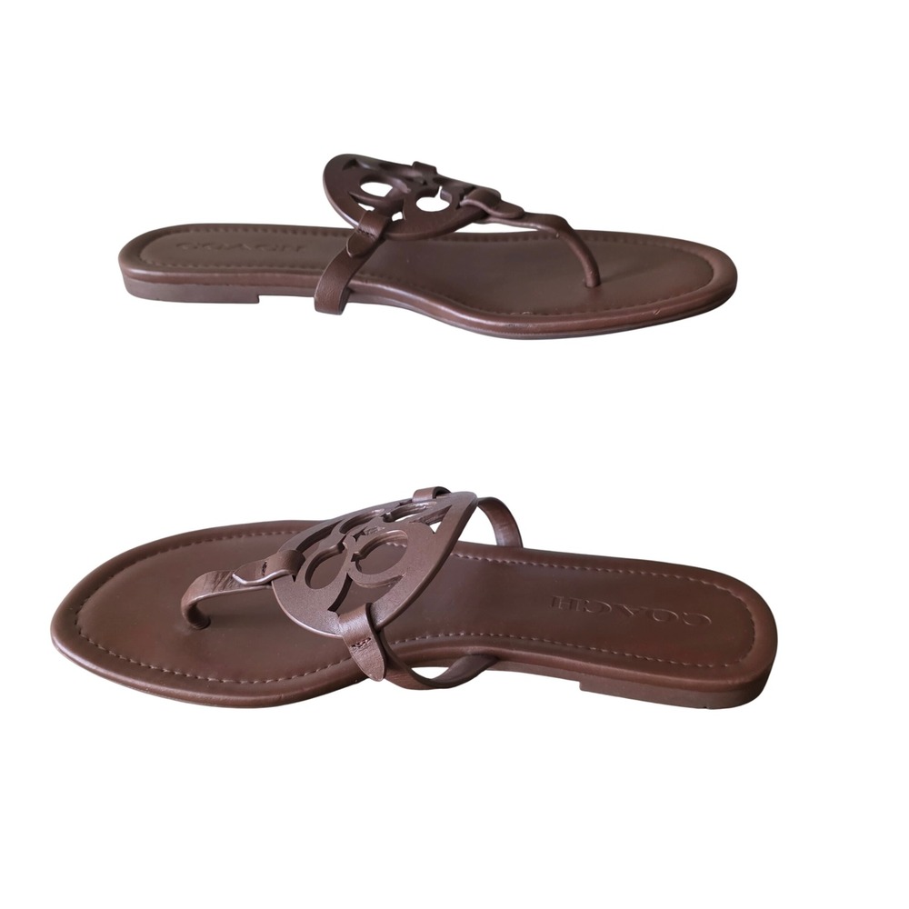 Coach Jaci Womens Brown Leather Logo Medallion Thong Flat Sandals Size 7.5 - Picture 6 of 6